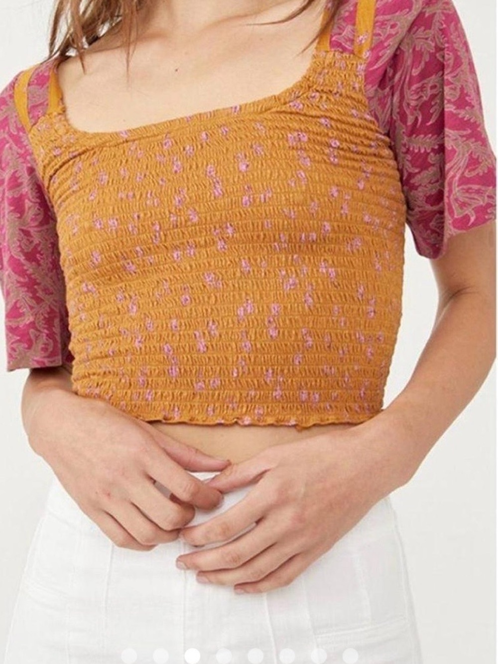 Free People Mustard Smocked Crop Top with Pink Flecks